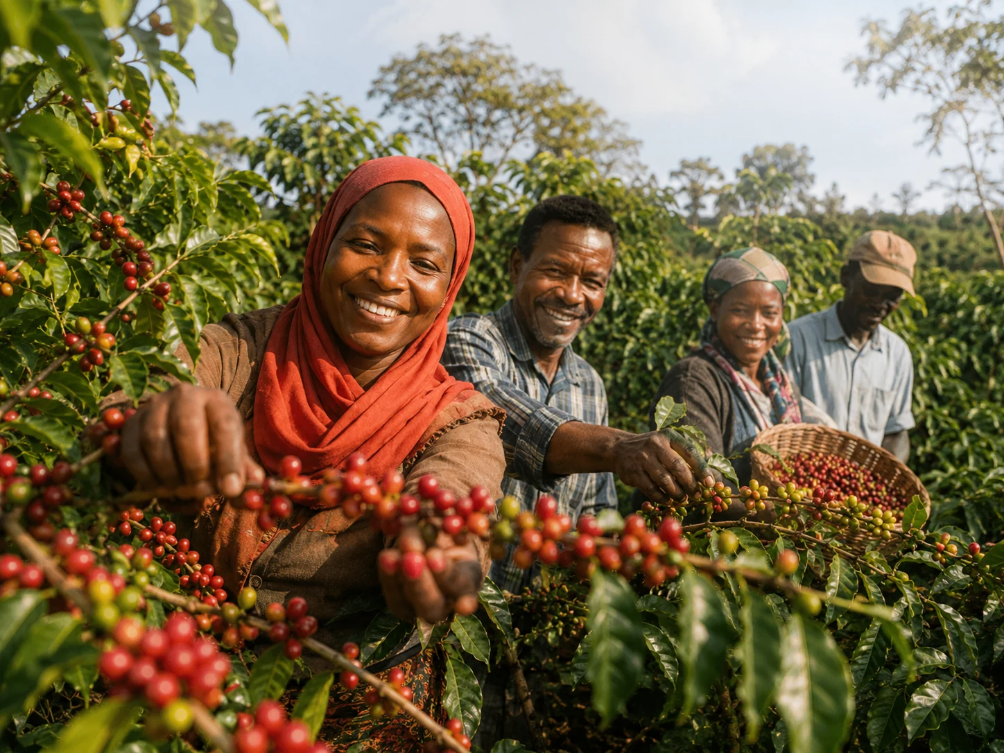 Coffee farmers harvesting ripe coffee cherries in Kagera